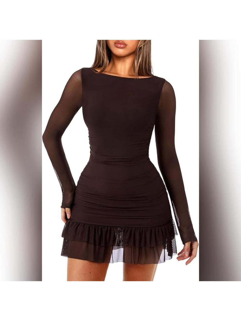 NWOT OZICERD Boat Neck Bodycon Long Sleeve Ruffle Mesh Elegant Mini Dress, M